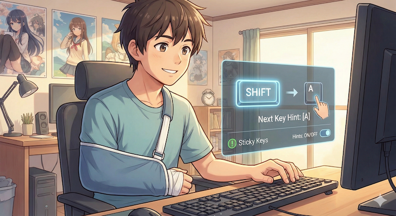 キーボードのスティッキーキー機能を使って、片手でシフトキー操作を行うアニメーション風のイラスト